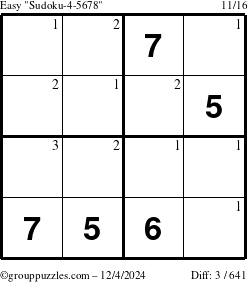 The grouppuzzles.com Easy Sudoku-4-5678 puzzle for Wednesday December 4, 2024 with the first 3 steps marked