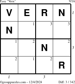 The grouppuzzles.com Easy Vern puzzle for Wednesday December 4, 2024 with all 3 steps marked