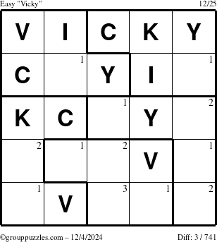 The grouppuzzles.com Easy Vicky puzzle for Wednesday December 4, 2024 with the first 3 steps marked