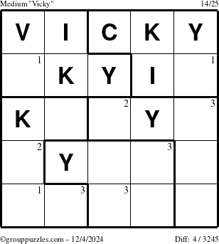 The grouppuzzles.com Medium Vicky puzzle for Wednesday December 4, 2024 with the first 3 steps marked