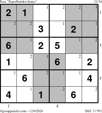 The grouppuzzles.com Easy SuperSudoku-Junior puzzle for Wednesday December 4, 2024 with all 3 steps marked