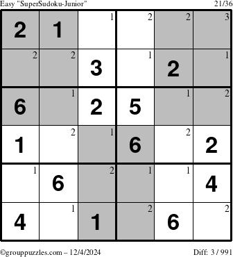 The grouppuzzles.com Easy SuperSudoku-Junior puzzle for Wednesday December 4, 2024 with the first 3 steps marked