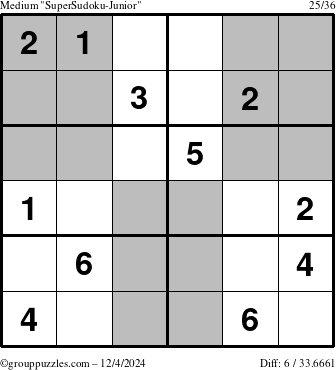 The grouppuzzles.com Medium SuperSudoku-Junior puzzle for Wednesday December 4, 2024