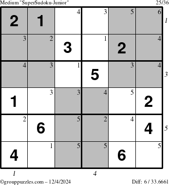 The grouppuzzles.com Medium SuperSudoku-Junior puzzle for Wednesday December 4, 2024 with all 6 steps marked