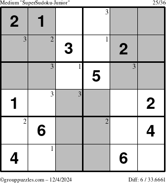 The grouppuzzles.com Medium SuperSudoku-Junior puzzle for Wednesday December 4, 2024 with the first 3 steps marked