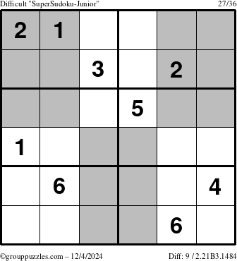 The grouppuzzles.com Difficult SuperSudoku-Junior puzzle for Wednesday December 4, 2024