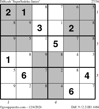 The grouppuzzles.com Difficult SuperSudoku-Junior puzzle for Wednesday December 4, 2024 with all 9 steps marked