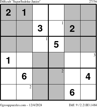 The grouppuzzles.com Difficult SuperSudoku-Junior puzzle for Wednesday December 4, 2024 with the first 3 steps marked