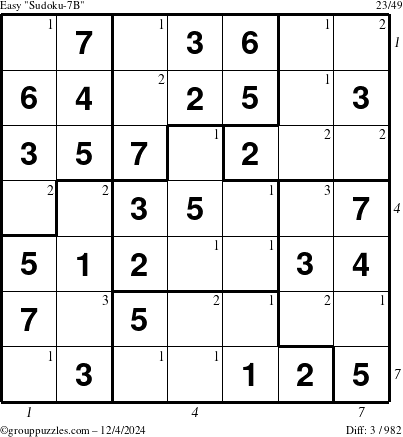 The grouppuzzles.com Easy Sudoku-7B puzzle for Wednesday December 4, 2024 with all 3 steps marked