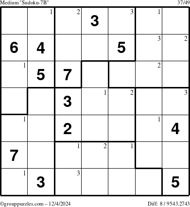 The grouppuzzles.com Medium Sudoku-7B puzzle for Wednesday December 4, 2024 with the first 3 steps marked