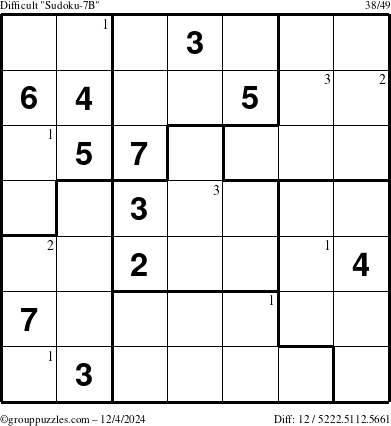 The grouppuzzles.com Difficult Sudoku-7B puzzle for Wednesday December 4, 2024 with the first 3 steps marked