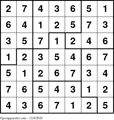 The grouppuzzles.com Answer grid for the Sudoku-7B puzzle for Wednesday December 4, 2024