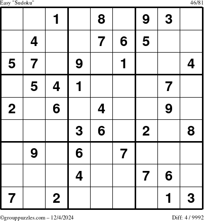 The grouppuzzles.com Easy Sudoku puzzle for Wednesday December 4, 2024