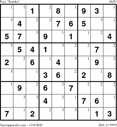 The grouppuzzles.com Easy Sudoku puzzle for Wednesday December 4, 2024 with the first 3 steps marked