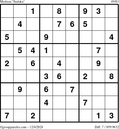 The grouppuzzles.com Medium Sudoku puzzle for Wednesday December 4, 2024