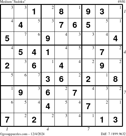 The grouppuzzles.com Medium Sudoku puzzle for Wednesday December 4, 2024, suitable for printing, with all 7 steps marked