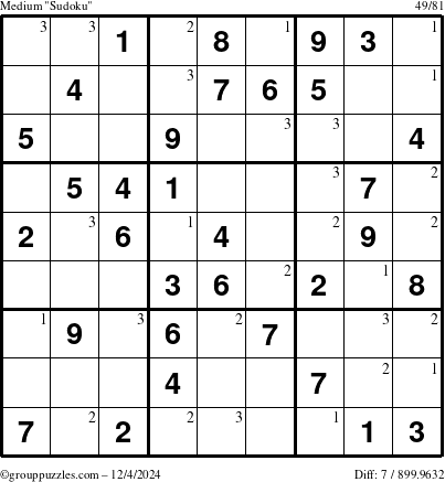 The grouppuzzles.com Medium Sudoku puzzle for Wednesday December 4, 2024 with the first 3 steps marked