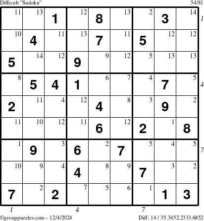 The grouppuzzles.com Difficult Sudoku puzzle for Wednesday December 4, 2024 with all 14 steps marked