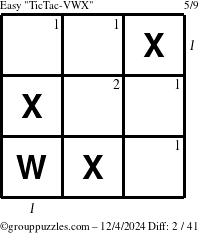 The grouppuzzles.com Easy TicTac-VWX puzzle for Wednesday December 4, 2024 with all 2 steps marked