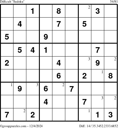 The grouppuzzles.com Difficult Sudoku puzzle for Wednesday December 4, 2024 with the first 3 steps marked