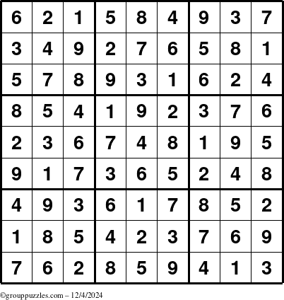 The grouppuzzles.com Answer grid for the Sudoku puzzle for Wednesday December 4, 2024