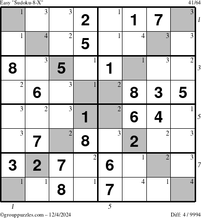 The grouppuzzles.com Easy Sudoku-8-X puzzle for Wednesday December 4, 2024 with all 4 steps marked