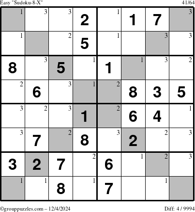 The grouppuzzles.com Easy Sudoku-8-X puzzle for Wednesday December 4, 2024 with the first 3 steps marked