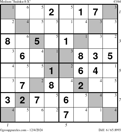 The grouppuzzles.com Medium Sudoku-8-X puzzle for Wednesday December 4, 2024, suitable for printing, with all 6 steps marked