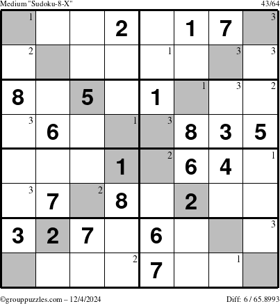 The grouppuzzles.com Medium Sudoku-8-X puzzle for Wednesday December 4, 2024 with the first 3 steps marked