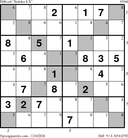 The grouppuzzles.com Difficult Sudoku-8-X puzzle for Wednesday December 4, 2024 with all 9 steps marked