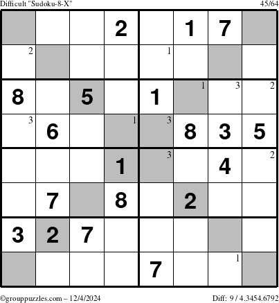 The grouppuzzles.com Difficult Sudoku-8-X puzzle for Wednesday December 4, 2024 with the first 3 steps marked