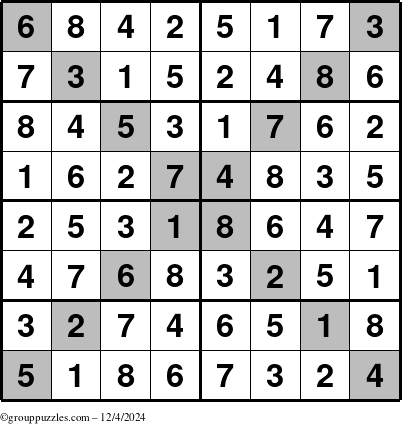 The grouppuzzles.com Answer grid for the Sudoku-8-X puzzle for Wednesday December 4, 2024