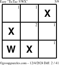 The grouppuzzles.com Easy TicTac-VWX puzzle for Wednesday December 4, 2024 with the first 2 steps marked