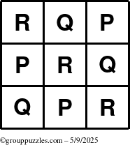 The grouppuzzles.com Answer grid for the TicTac-PQR puzzle for Friday May 9, 2025