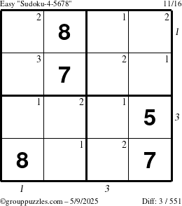 The grouppuzzles.com Easy Sudoku-4-5678 puzzle for Friday May 9, 2025 with all 3 steps marked