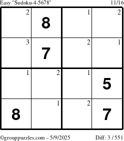 The grouppuzzles.com Easy Sudoku-4-5678 puzzle for Friday May 9, 2025 with the first 3 steps marked