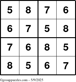 The grouppuzzles.com Answer grid for the Sudoku-4-5678 puzzle for Friday May 9, 2025