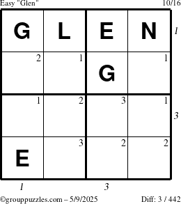 The grouppuzzles.com Easy Glen puzzle for Friday May 9, 2025 with all 3 steps marked