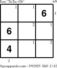 The grouppuzzles.com Easy TicTac-456 puzzle for Friday May 9, 2025 with all 2 steps marked