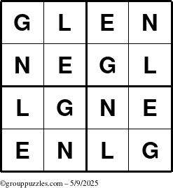 The grouppuzzles.com Answer grid for the Glen puzzle for Friday May 9, 2025
