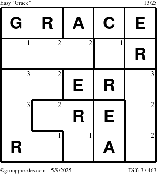 The grouppuzzles.com Easy Grace puzzle for Friday May 9, 2025 with the first 3 steps marked