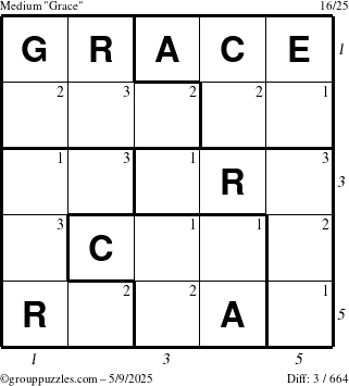 The grouppuzzles.com Medium Grace puzzle for Friday May 9, 2025 with all 3 steps marked
