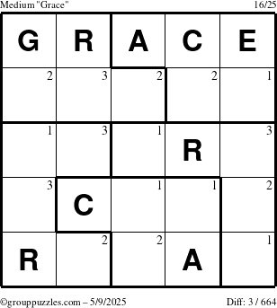 The grouppuzzles.com Medium Grace puzzle for Friday May 9, 2025 with the first 3 steps marked