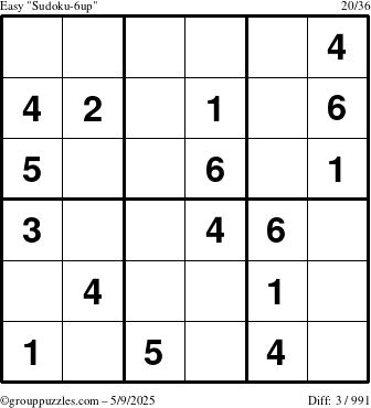 The grouppuzzles.com Easy Sudoku-6up puzzle for Friday May 9, 2025