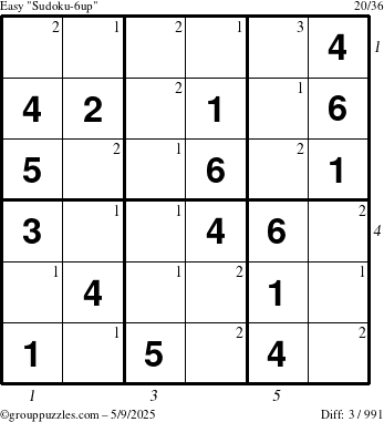 The grouppuzzles.com Easy Sudoku-6up puzzle for Friday May 9, 2025 with all 3 steps marked