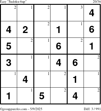 The grouppuzzles.com Easy Sudoku-6up puzzle for Friday May 9, 2025 with the first 3 steps marked