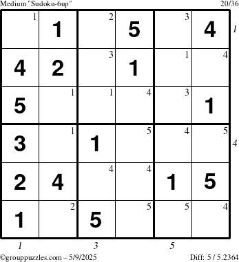 The grouppuzzles.com Medium Sudoku-6up puzzle for Friday May 9, 2025 with all 5 steps marked