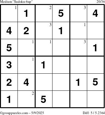 The grouppuzzles.com Medium Sudoku-6up puzzle for Friday May 9, 2025 with the first 3 steps marked