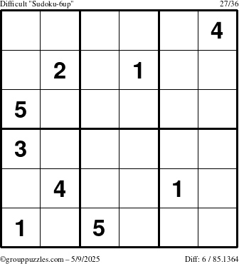 The grouppuzzles.com Difficult Sudoku-6up puzzle for Friday May 9, 2025