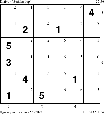 The grouppuzzles.com Difficult Sudoku-6up puzzle for Friday May 9, 2025 with all 6 steps marked